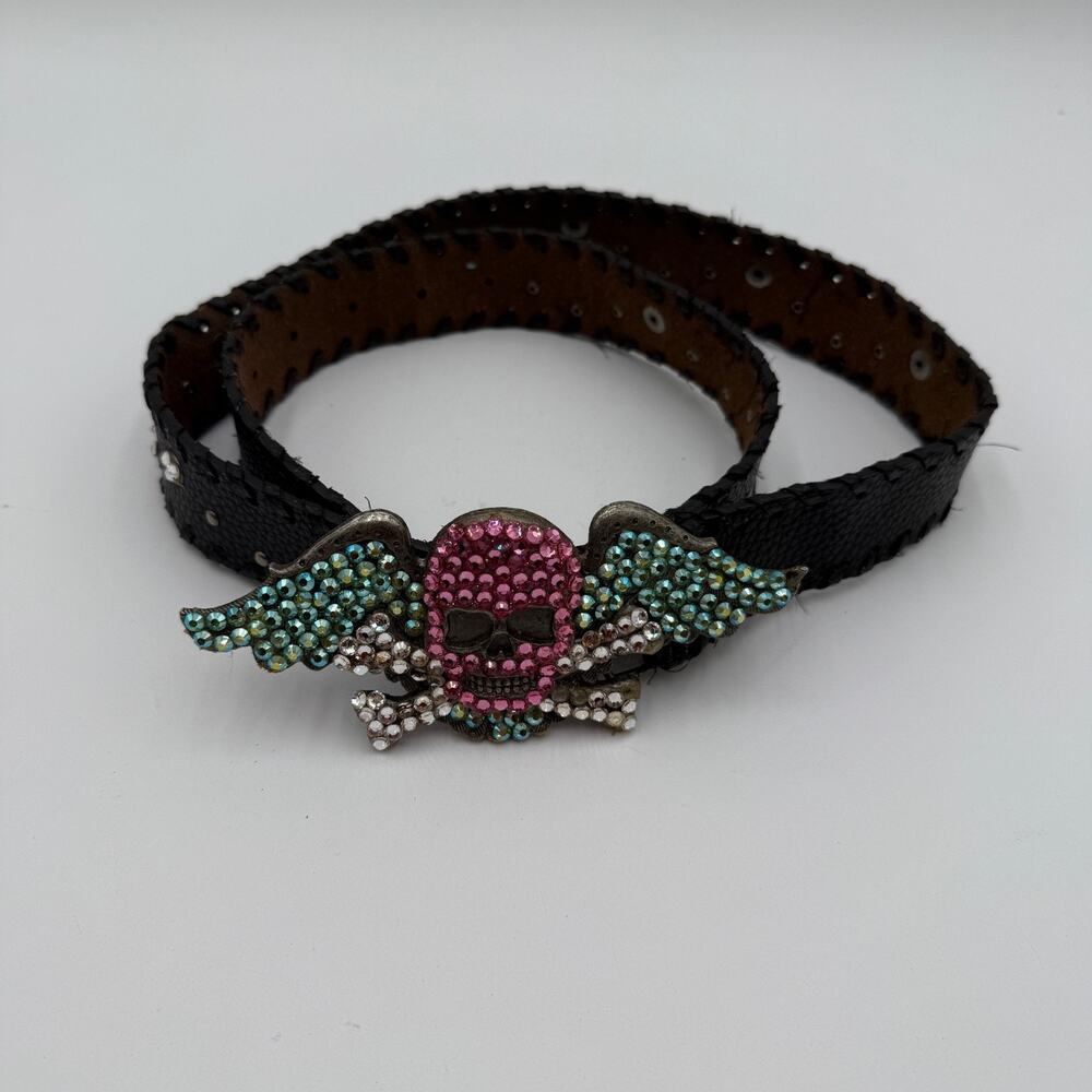 Steve Madden Skull Belt Rhinestone Wings Crossbones Black Size L 42" Y2K Grunge